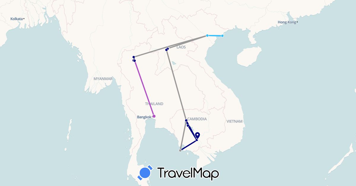 TravelMap itinerary: driving, plane, train, boat in Cambodia, Laos, Thailand, Vietnam (Asia)